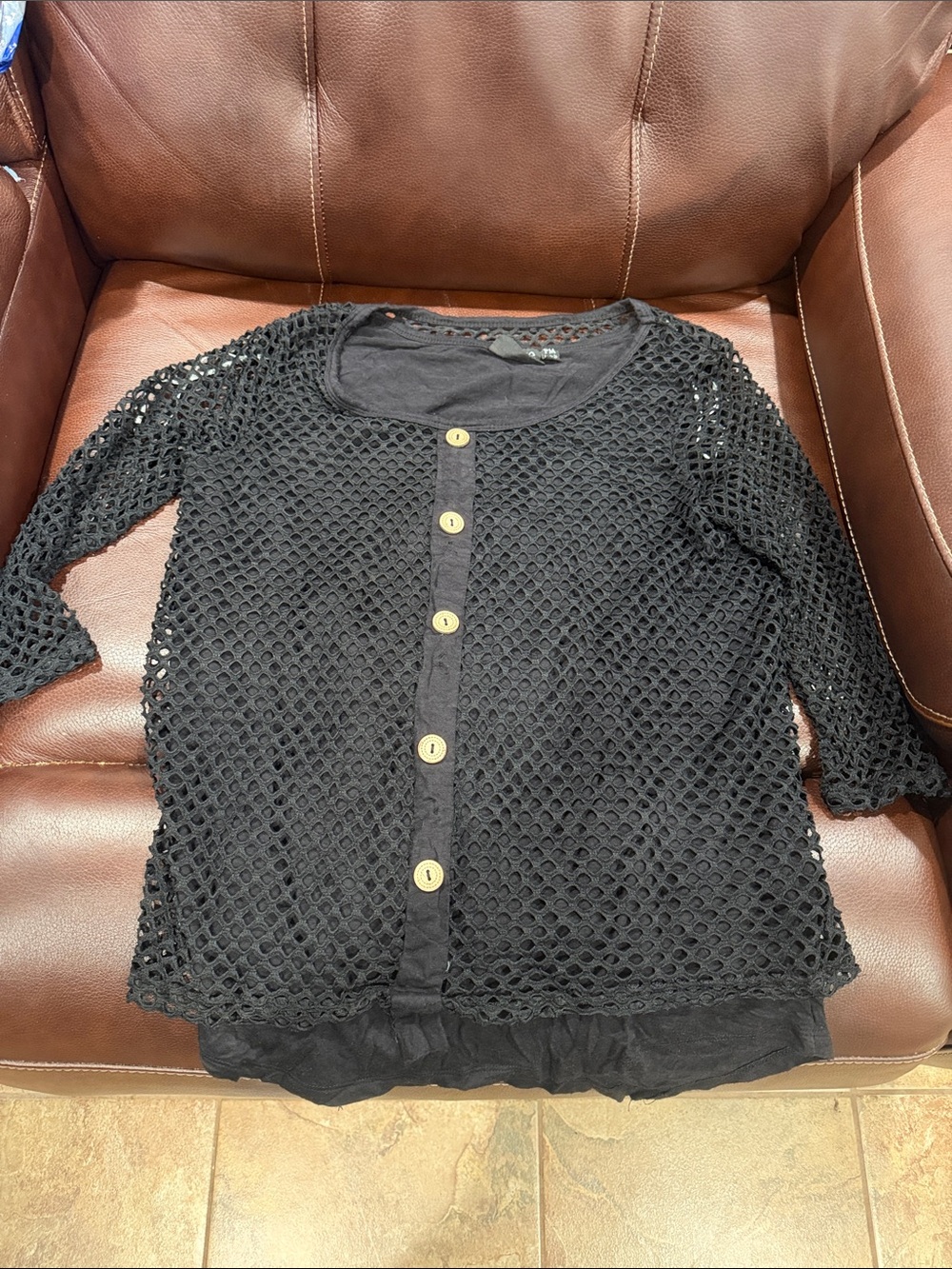 Onque Casuals Black Open-Knit Button-Front Women's Top